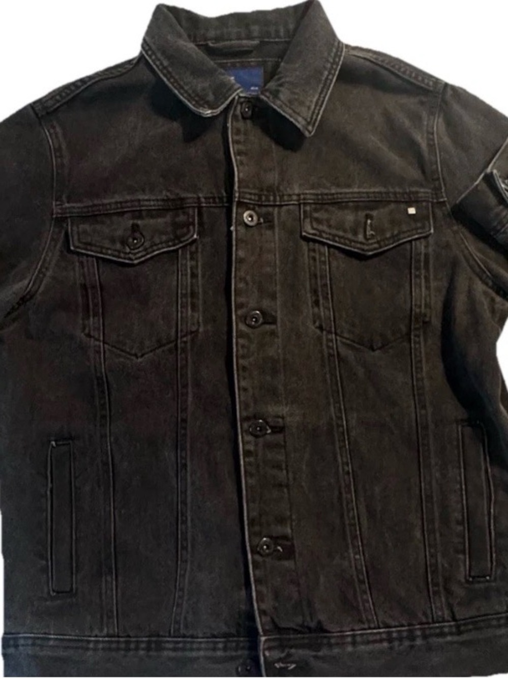 Zara Mens Washed Denim Jacket Size Large Button Front Black Trucker Coat